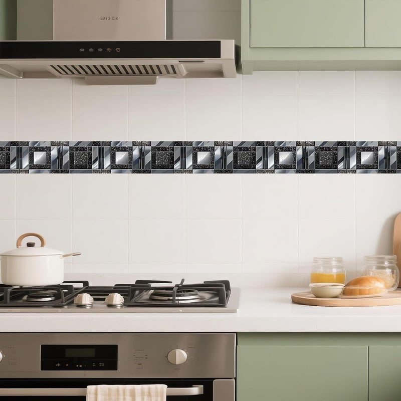 IVN Wallpaper Border Peel and Stick Wall Black and Silver Mosaic Decorative Wall Trim Self Adhesive Border for Walls Mirror Frame Accent Strip for Bedroom Kitchen LivingRoom 4x196 Inch - Image 4
